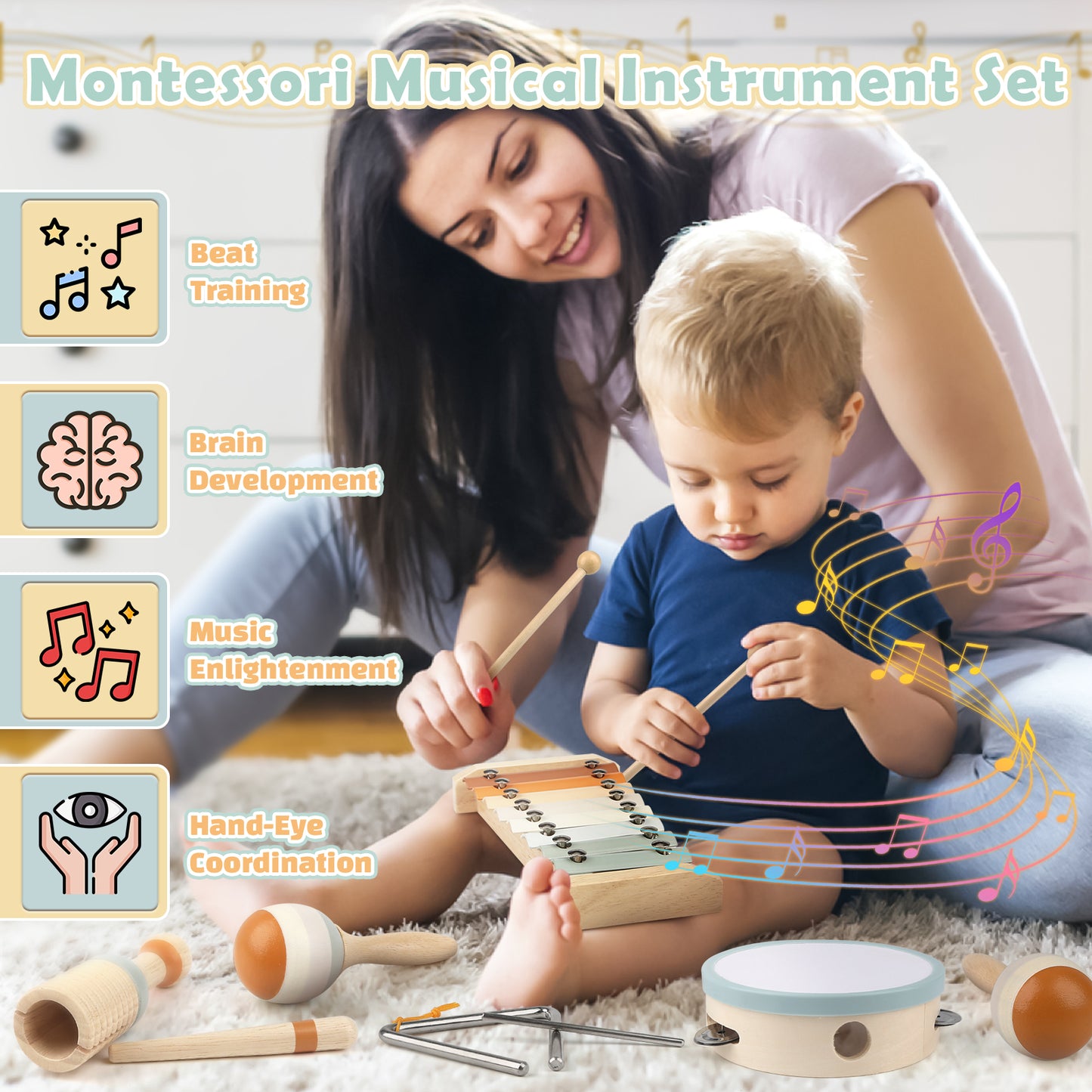 Baby Musical Instruments, Montessori Toys for 1 year old, Musical toys for toddlers 1-3 with Modern Boho Xylophone for Kids Preschool Educational birthday gift