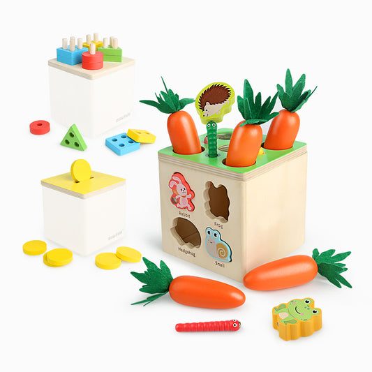 5-in-1 Montessori Toys for 1-2 Year Old Includes Object Permanence Box ,Wooden Sorting Stacking Toys,Carrot Harvest Game,Coin Box,Sensory Education Early Learning Toy