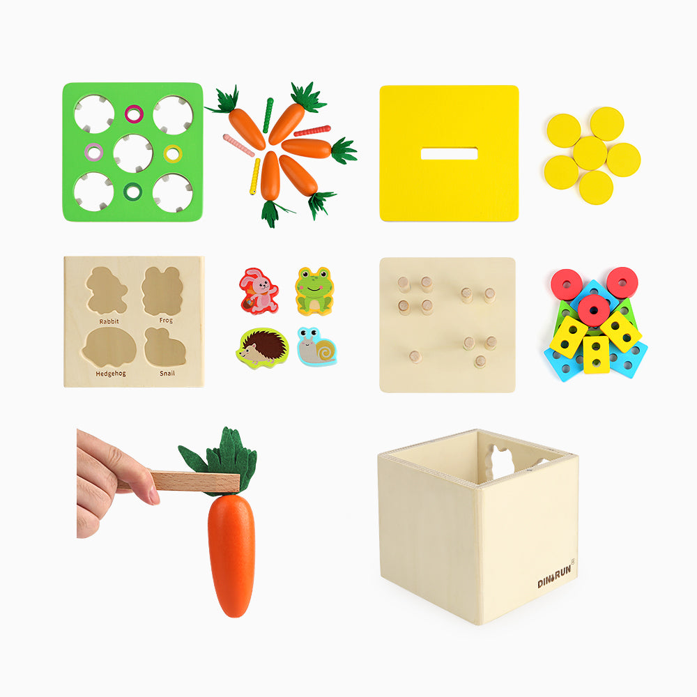 5-in-1 Montessori Toys for 1-2 Year Old Includes Object Permanence Box ,Wooden Sorting Stacking Toys,Carrot Harvest Game,Coin Box,Sensory Education Early Learning Toy